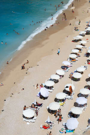 ANTALYA, TURKEY - JULY 19, 2015 : Top view of famous canyon junction beach of Antalya, Kaputas Beach with its turquoise water color, view of people swimming and sunbathing.のeditorial素材