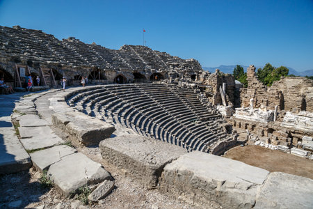 MANAVGAT, ANTALYA - JULY 20, 2015 : View of the amphitheater in Side Ancient City, in Antalya which...