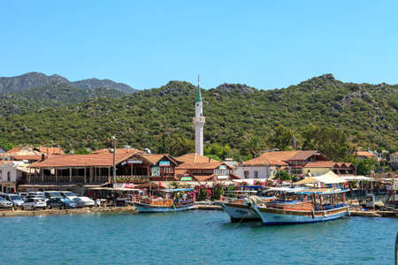 DEMRE, ANTALYA - JULY 18, 2015 : Seascape of Kekova which is an ancient Lycian region in Antalya, view of yachts and sailing boats, on bright blue sky background.のeditorial素材