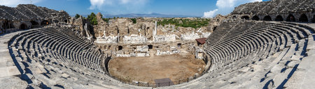 MANAVGAT, ANTALYA - JULY 20, 2015 : Panoramic view of the amphitheater in Side Ancient City, in Antalya which is thought to be built before 7th century bc.のeditorial素材