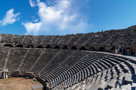 MANAVGAT, ANTALYA - JULY 20, 2015 : View of the amphitheater in Side Ancient City, in Antalya which is thought to be built before 7th century bc.のeditorial素材