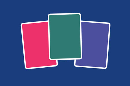 Close up front view of blank pink, green and purple illustrative cards with copy space, on navy blue...