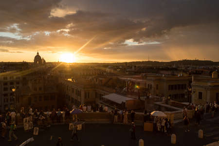 ROME, ITALY - SEPTEMBER 25, 2015 : Historical city view of Rome from Spanish Steps, on sunset time background.のeditorial素材