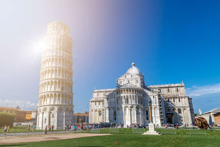 PISA , ITALY - SEPTEMBER 21, 2015 : View of historical old Pisa Cathedral in Cathedral Square in Pisa, Italy, on cloudy blue sky background.のeditorial素材