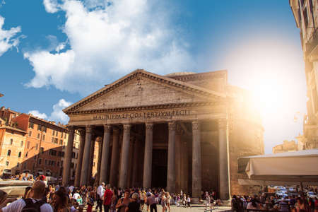 ROME, ITALY - SEPTEMBER 23, 2015 : Front view of Pantheon, historical temple and church of Rome, at Piazza Della Rotonda, on cloudy blue sky background.のeditorial素材