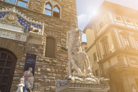 View of famous square of Florence, Piazza Della Signoria with historical big sculptures around.のeditorial素材