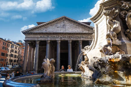 ROME, ITALY - SEPTEMBER 26, 2015 : Front view of Pantheon, historical temple and church of Rome, at Piazza Della Rotonda, on cloudy blue sky background.のeditorial素材