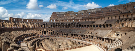 ROME, ITALY - SEPTEMBER 24, 2015 : Inside view of ancient amphitheatre of Colosseum built by...