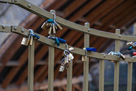 PRAGUE, CZECH REPUBLIC - DECEMBER 31, 2015 : Close up detailed view of love padlocks on a bridge in Pague.のeditorial素材