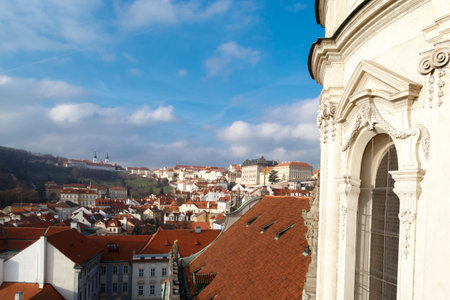 Close up detailed dome view of historical St Nicholas Church in Prague, on cloudy blue sky...