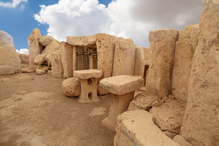Door and window view of ancient limestone structures of Hagar Qim and Gnajdra Temples in Qrendi, Malta.の写真素材
