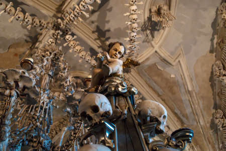General view of Sedlec Ossuary, Church of Bones in Kutna Hora, designed by real human skeleton bones.のeditorial素材