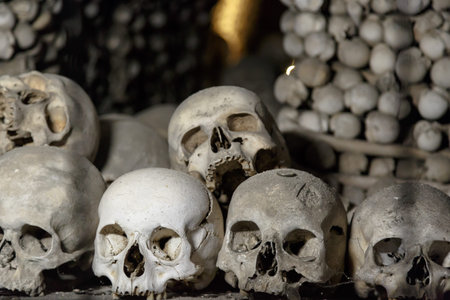 Close up detailed view of Sedlec Ossuary, Church of Bones in Kutna Hora, decorated with real human...