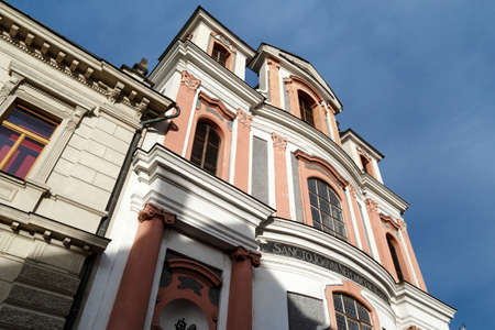 KUTNA HORA, CZECH REPUBLIC - DECEMBER 28, 2015 : Close up view of historical baroque building in Kutna Hora, on cloudy blue sky backgorund.のeditorial素材