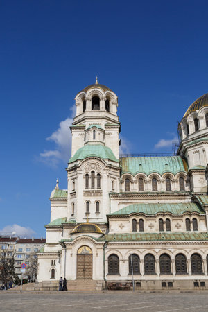 View of famous Bulgarian Orthodox church of Alexander Nevsky Cathedral built in 1882 in Sofia,...