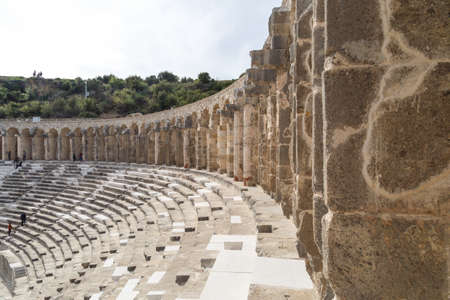 ANTALYA, TURKEY - MARCH 7, 2016 : View of amphitheater with historical old granit stairs in Aspendos Ancient City.のeditorial素材