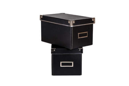 Close up view of two black cardboard box isolated on white background.の写真素材