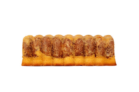 Close up detailed of side view of baton cacao cake, served on a cutting board, isolated on white...