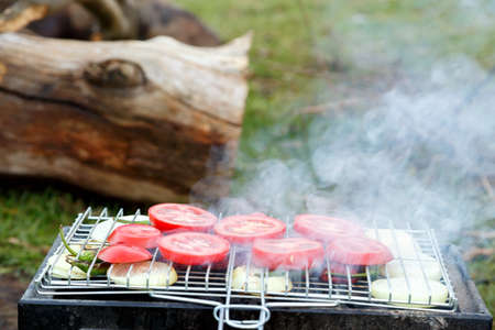 Close up view of barbecue grill with various vegetables on backyard.の写真素材