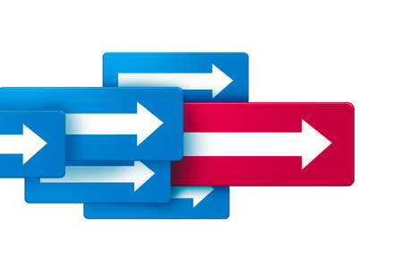 Abstract illustrative view of arrow signs with one red stepping forward among blue ones.の写真素材