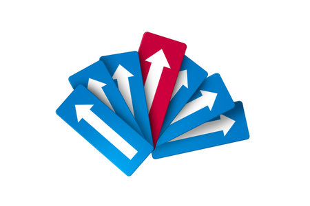 Abstract illustrative view of arrow signs with one red stepping forward among blue ones.の写真素材