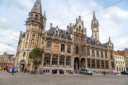 GENT, BELGIUM - JULY 6, 2016 : Post office palace building in Korenmarkt. This square is most popular place in Gent, Belgiumのeditorial素材