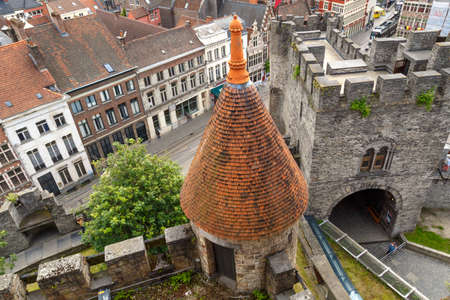 GENT, BELGIUM - JULY 6, 2016 : Interior view of medieval castle named Gravensteen (Castle of the Counts) in Ghent, Belgium on cloudy sky.のeditorial素材