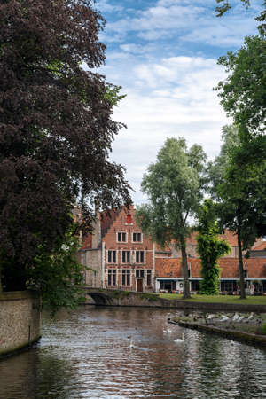 BRUGGE, BELGIUM - JULY 7, 2016 : Lake with swans and medieval street view in Brugge. Bruges have traditional architecture with bridges.のeditorial素材