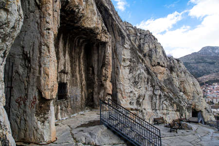 Detail view of king rock tombs in Amasya, side of mountain.の写真素材