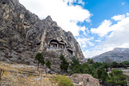 Detail view of king rock tombs in Amasya, side of mountain.の写真素材