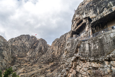 Detail view of king rock tombs in Amasya, side of mountain.