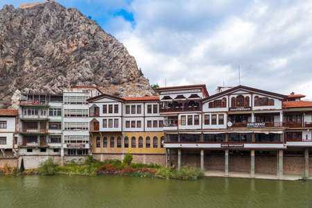 AMASYA, TURKEY - DECEMBER 03, 2016 : Close up view of old Ottoman houses by river. Amasya has been a popular hometown for sultan's sons for all Ottoman Empire period.のeditorial素材