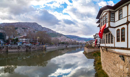 AMASYA, TURKEY - DECEMBER 03, 2016 : Close up view of old Ottoman houses by river. Amasya has been a popular hometown for sultan's sons for all Ottoman Empire period.のeditorial素材