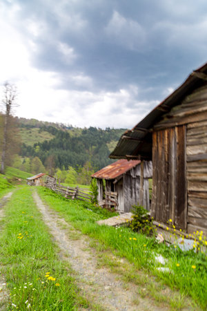 View of pathway of deserted mountain houses in a plateau.の写真素材