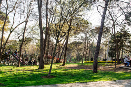 ISTANBUL, TURKEY - APRIL 12, 2015 : General view of Emirgan Parc with big trees and people hanging around. It is popular with tulip gardens.のeditorial素材