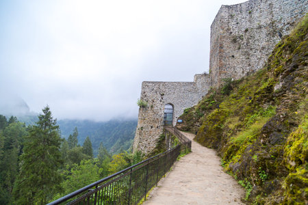 General view of Historical Zil Castle on the top of a hill with big stone walls between pine trees and foggy sky. Zil Castle was built in Byzantyne period.のeditorial素材