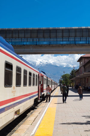 ERZURUM, TURKEY - MAY 06, 2017 : Wagon view of Orient Express train on railroad on cloudy sky...