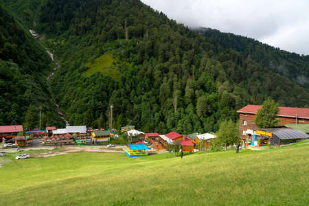 RIZE, TURKEY - AUGUST 16, 2016 : General landscape view of famous Ayder Plateau in Camlihemsin, Rize. Ayder Plateau has wide meadow area with wooden mountain houses at 1350 meters of height.のeditorial素材