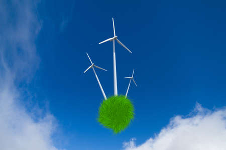 Close up illustrative front view of windmills producing electric power by saving nature, on cloudy sky background.の写真素材