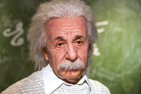 VIENNA, AUSTRIA - SEPTEMBER 11, 2016 : Detailed waxwork face view of famous German physicist Albert Einstein, wax sculpture exhibited in Madame Tussauds museum in Vienna.のeditorial素材