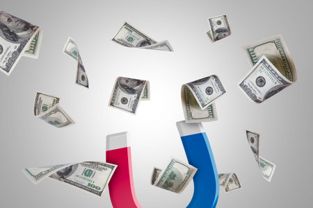Illustrative red and blue horseshoe magnet pulling dollars in finance concept, isolated on white...