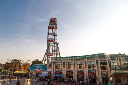 VIENNA, AUSTRIA - SEPTEMBER 11, 2016 : View of historic giant ferris wheel of Prater Park in Vienna. This is the oldest ferris wheel of Europe.のeditorial素材