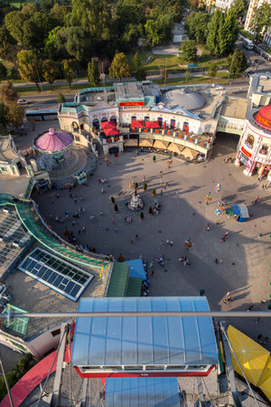 VIENNA, AUSTRIA - SEPTEMBER 11, 2016 : Air view from historic giant ferris wheel of Prater Park in Vienna. This is the oldest ferris wheel of Europe.のeditorial素材