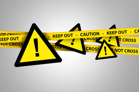 Illustrative triangle yellow warning signboards with yellow caution and keep out police tapes on grey background.の写真素材