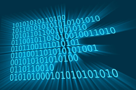 Illustrative bright blue one and zero binary codes in the concept of computer programme language.