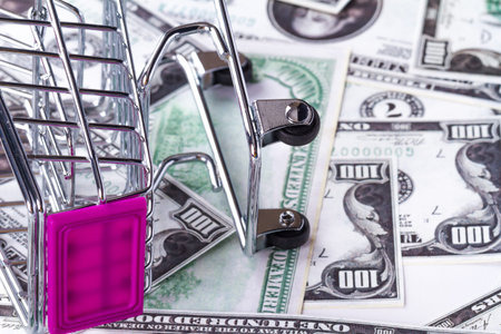 Stack of Dollar banknotes with shopping cart in money consuming concept.の写真素材