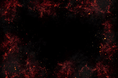 Realistic burning fire flames frame border, sparks and smoke with copy space, explosion effect on...