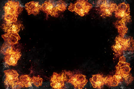 Realistic burning fire flames frame border, sparks and smoke with copy space, explosion effect on black background.の写真素材