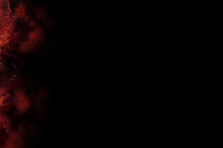 Realistic burning fire flames frame border, sparks and smoke with copy space, explosion effect on...