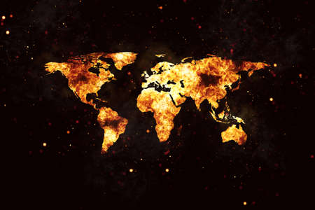 Realistic world map burning fire flames with sparks and smoke, explosion effect on black background.の写真素材